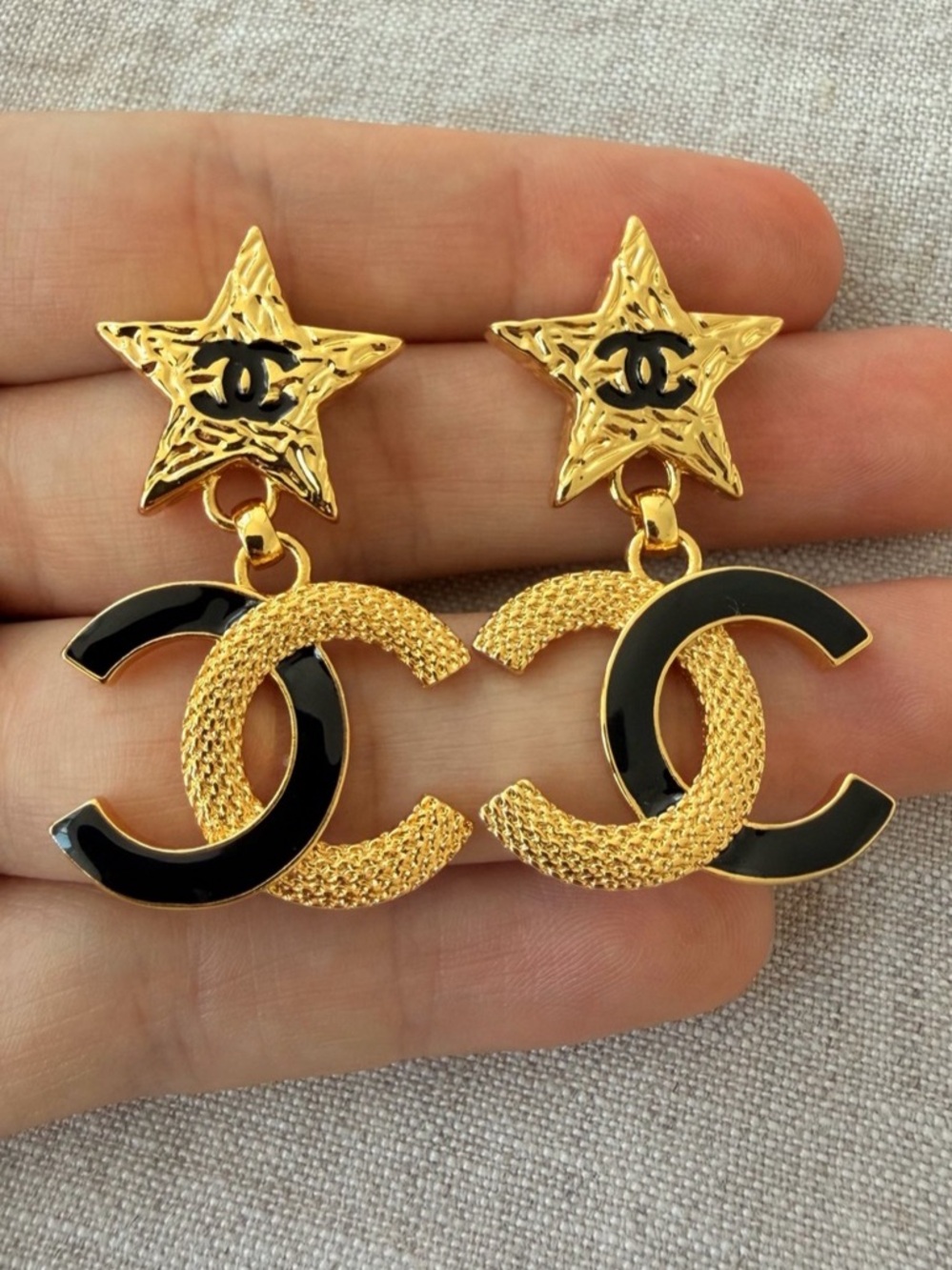 Chanel CC Logos Black Star Drop Stud Earrings Gold Tone